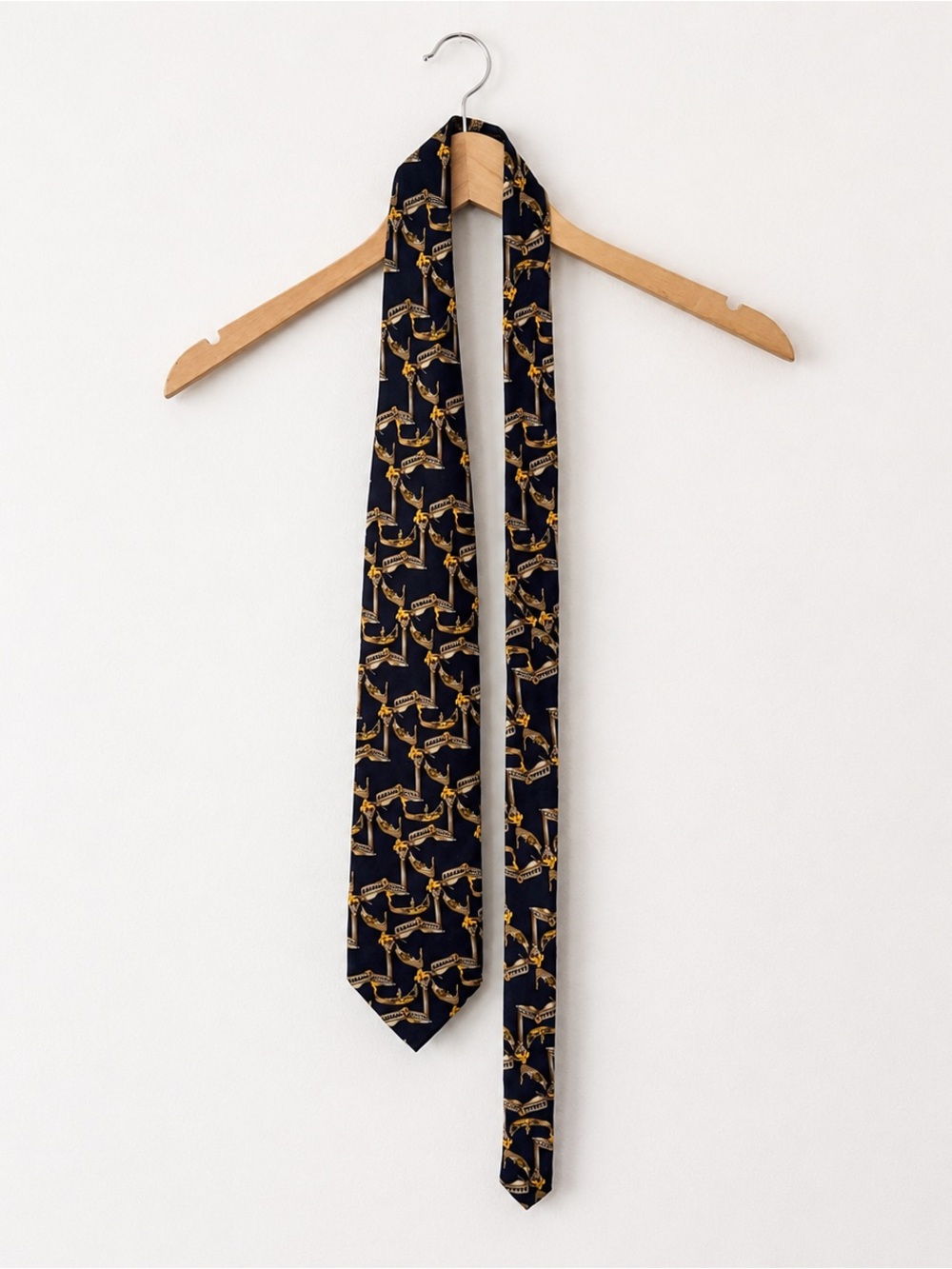 Vintage Italian Venice Gondola Scenic Necktie Navy Gold Novelty 100% Silk Tie